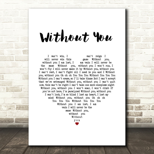 David Guetta Without You White Heart Song Lyric Wall Art Print