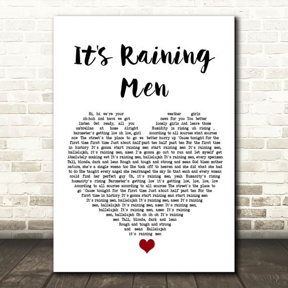 The Weather Girls It's Raining Men White Heart Song Lyric Quote Music Print