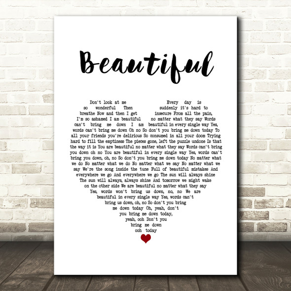 Christina Aguilera Beautiful White Heart Song Lyric Print