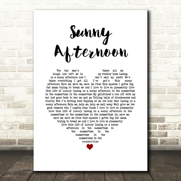The Kinks Sunny Afternoon White Heart Song Lyric Print