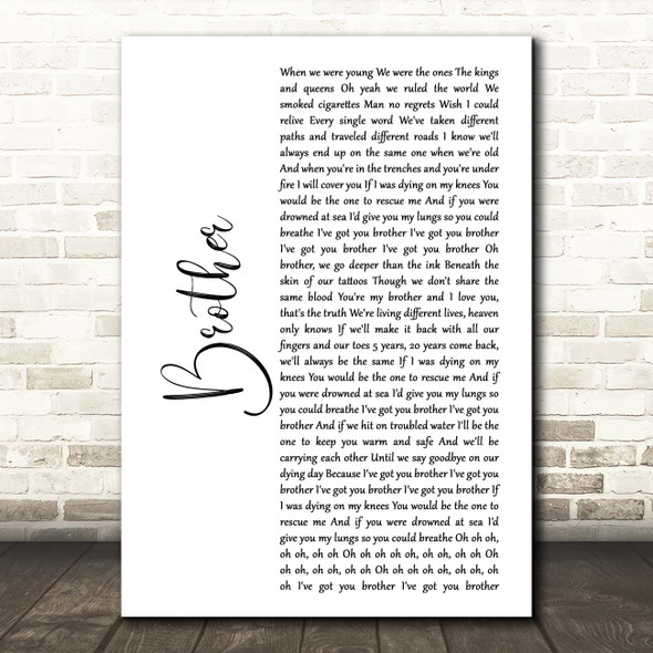 Kodaline Brother White Script Song Lyric Print