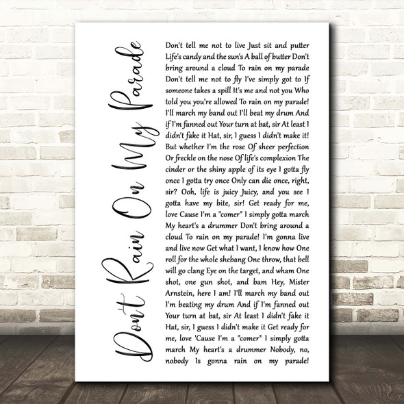 Barbra Streisand Don't Rain On My Parade White Script Song Lyric Print