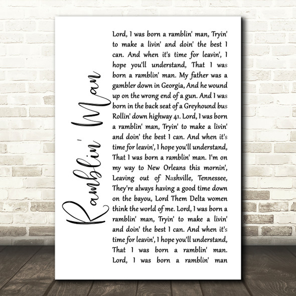 The Allman Brothers Band Ramblin' Man White Script Song Lyric Wall Art Print