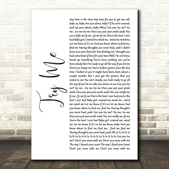 The Weeknd Try Me White Script Song Lyric Wall Art Print