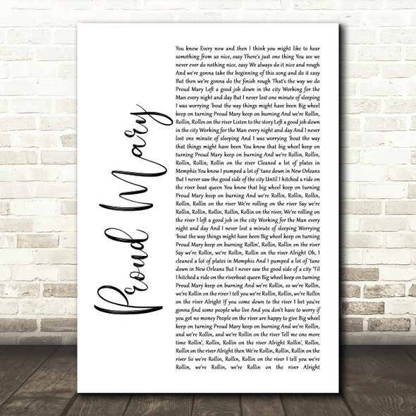 Tina Turner Proud Mary White Script Song Lyric Print