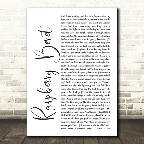 Prince Raspberry Beret White Script Song Lyric Print