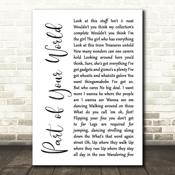 The Little Mermaid Part of Your World White Script Song Lyric Print