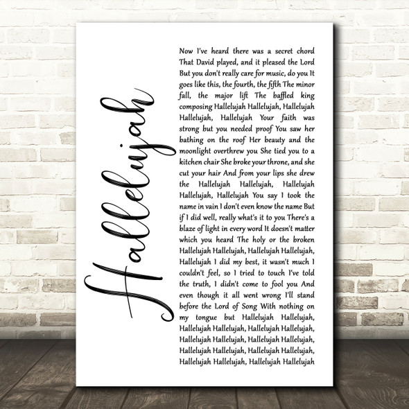 Leonard Cohen Hallelujah White Script Song Lyric Quote Music Print