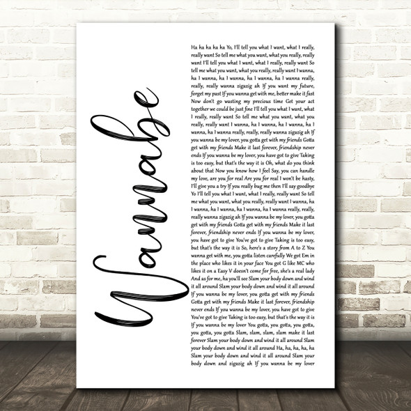 Spice Girls Wannabe White Script Song Lyric Quote Music Print