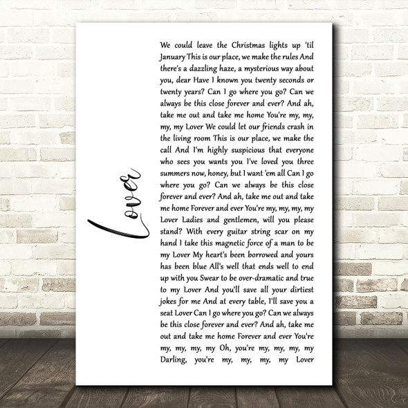 Taylor Swift Lover White Script Song Lyric Quote Music Print