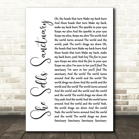 The Cult She Sells Sanctuary White Script Song Lyric Quote Music Print