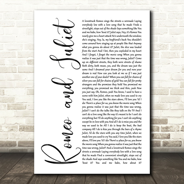 Dire Straits Romeo And Juliet White Script Song Lyric Quote Print