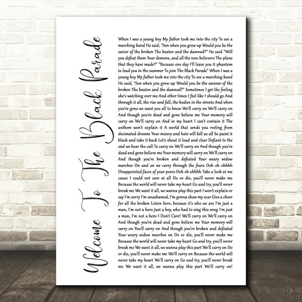 My Chemical Romance Welcome To The Black Parade White Script Song Lyric Print