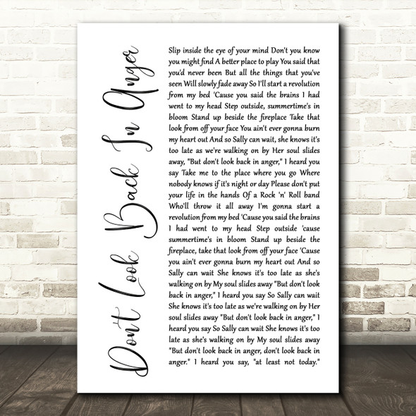 Oasis Don't Look Back In Anger White Script Song Lyric Quote Print
