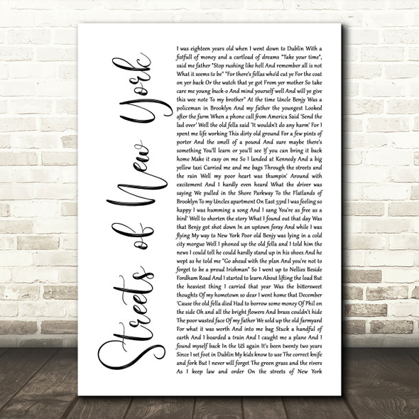 Ryan McMullan Streets of New York White Script Song Lyric Music Art Print