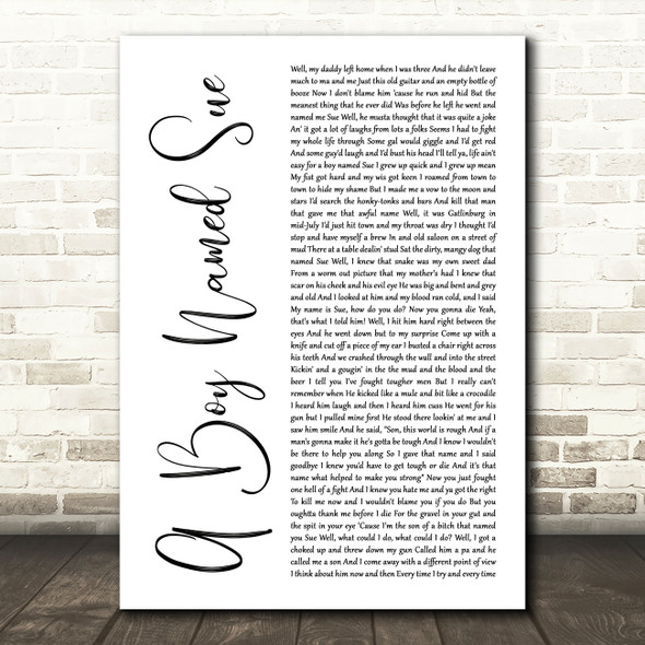 Johnny Cash A Boy Named Sue White Script Song Lyric Music Art Print