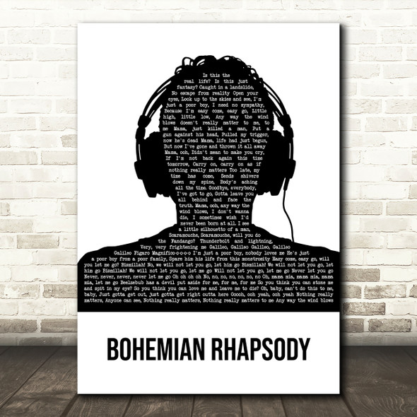 Queen Bohemian Rhapsody Black & White Man Headphones Song Lyric Art Print