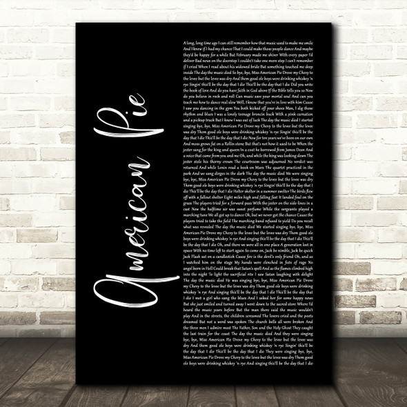 Don McLean American Pie Black Script Song Lyric Art Print