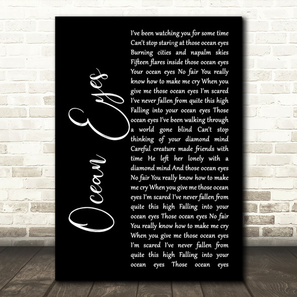 Billie Eilish Ocean Eyes Black Script Song Lyric Art Print