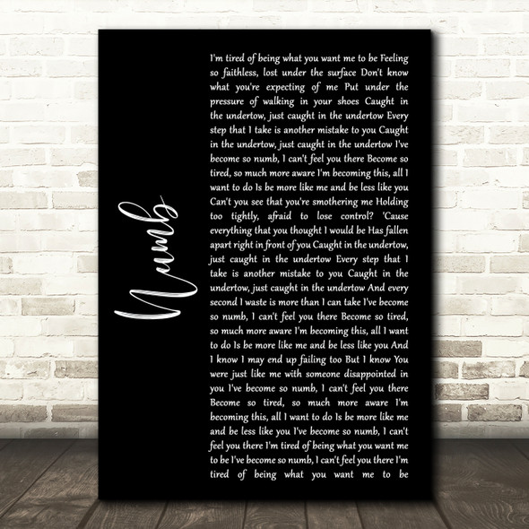 Linkin Park Numb Black Script Song Lyric Art Print