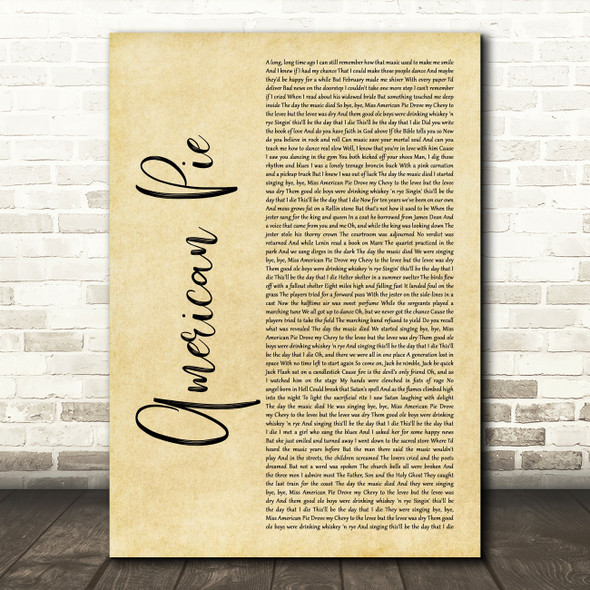 Don McLean American Pie Rustic Script Song Lyric Art Print