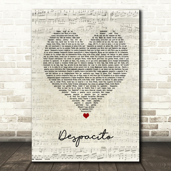 Luis Fonsi & Daddy Yankee Despacito Script Heart Song Lyric Art Print