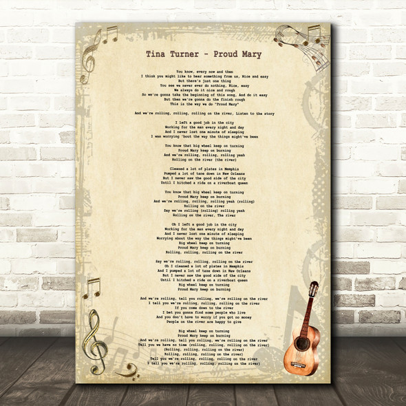 Tina Turner Proud Mary Vintage Guitar Song Lyric Art Print