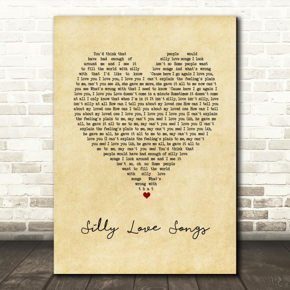 Paul McCartney and Wings Silly Love Songs Vintage Heart Song Lyric Art Print