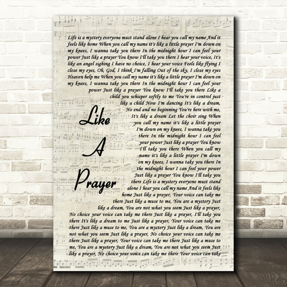 Madonna Like A Prayer Vintage Script Song Lyric Art Print