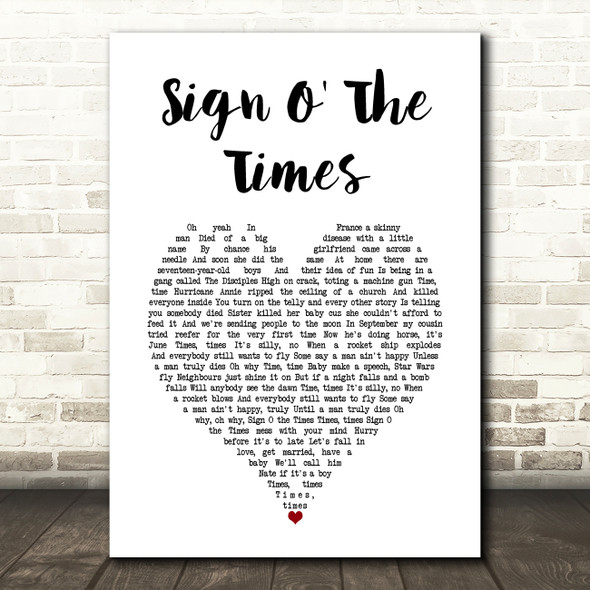 Prince Sign O' The Times White Heart Song Lyric Art Print