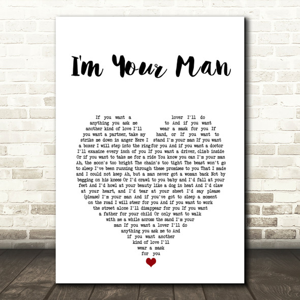 Leonard Cohen I'm Your Man White Heart Song Lyric Art Print