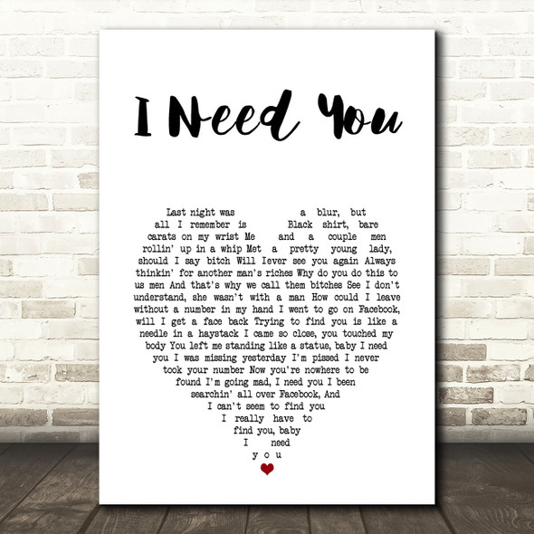 N-Dubz I Need You White Heart Song Lyric Art Print