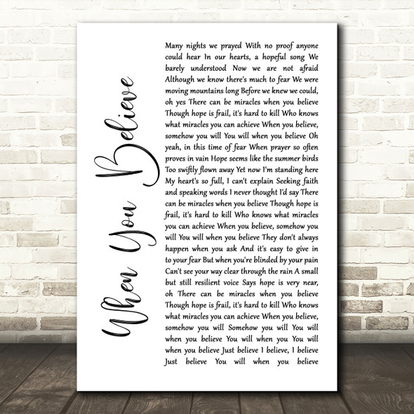 Whitney Houston & Mariah Carey When You Believe White Script Song Lyric Art Print
