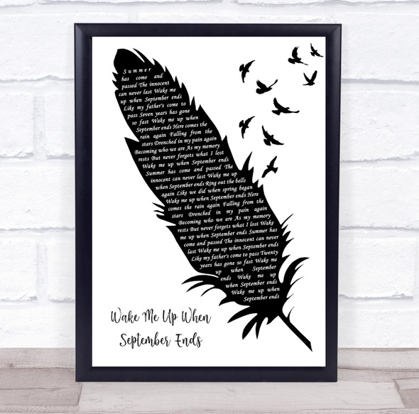Green Day Wake Me Up When September Ends Black & White Feather & Birds Song Lyric Print