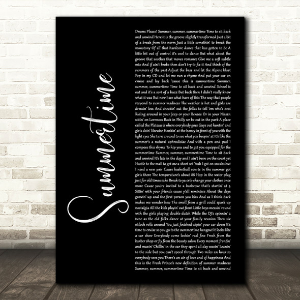 DJ Jazzy Jeff & The Fresh Prince Summertime Black Script Decorative Wall Art Gift Song Lyric Print