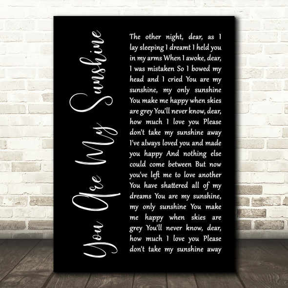 Johnny Cash You Are My Sunshine Black Script Decorative Wall Art Gift Song Lyric Print