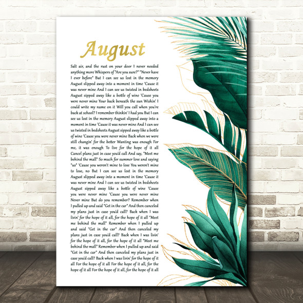 Taylor Swift August Gold Green Botanical Leaves Side Script Song Lyric Print