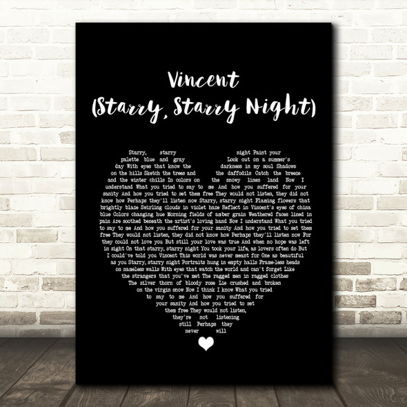 Don McLean Vincent (Starry, Starry Night) Black Heart Song Lyric Quote Print
