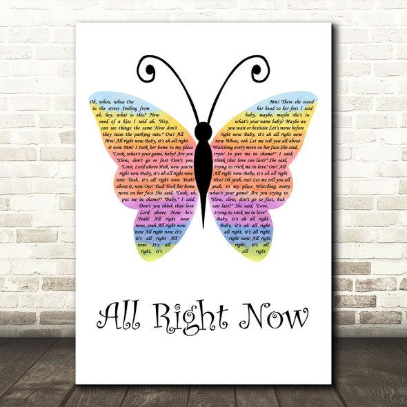Free All Right Now Rainbow Butterfly Decorative Wall Art Gift Song Lyric Print