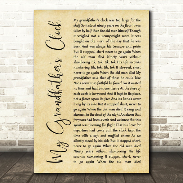 Johnny Cash My Grandfather's Clock Rustic Script Decorative Wall Art Gift Song Lyric Print