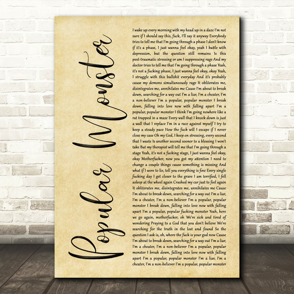 Falling In Reverse Popular Monster Rustic Script Decorative Wall Art Gift Song Lyric Print