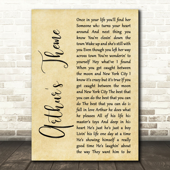 Christopher Cross Arthur's Theme Rustic Script Decorative Wall Art Gift Song Lyric Print