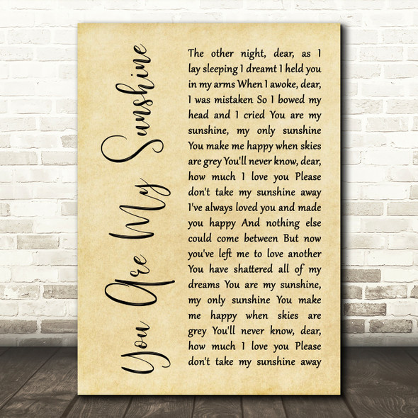 Johnny Cash You Are My Sunshine Rustic Script Decorative Wall Art Gift Song Lyric Print