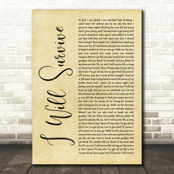 Gloria Gaynor I Will Survive Rustic Script Decorative Wall Art Gift Song Lyric Print