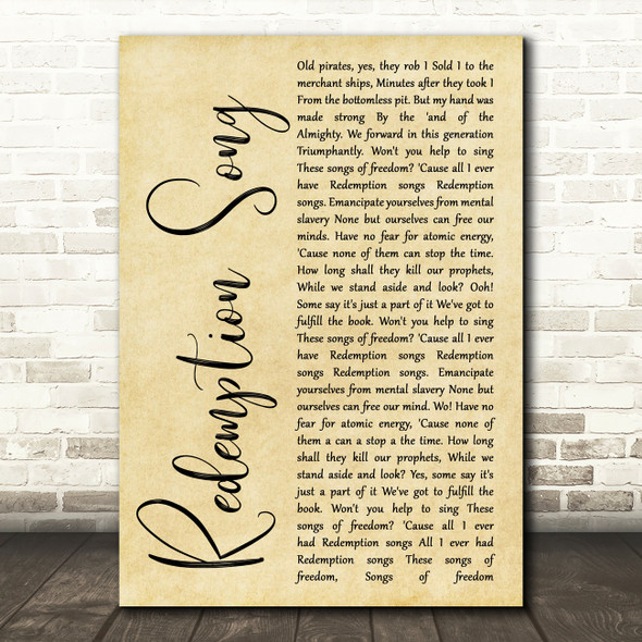Bob Marley Redemption Song Rustic Script Decorative Wall Art Gift Song Lyric Print
