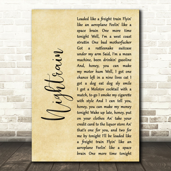 Guns N Roses Nightrain Rustic Script Decorative Wall Art Gift Song Lyric Print