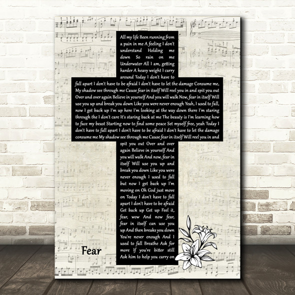 Blue October Fear Music Script Christian Memorial Cross Decorative Gift Song Lyric Print