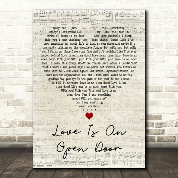 Kristen Bell & Santino Fontana Love Is An Open Door Script Heart Wall Art Gift Song Lyric Print