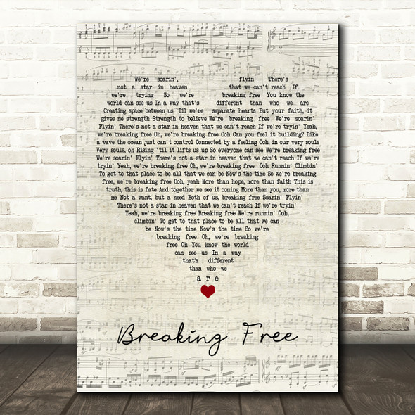 Breaking Free High School Musical Cast Script Heart Decorative Wall Art Gift Song Lyric Print