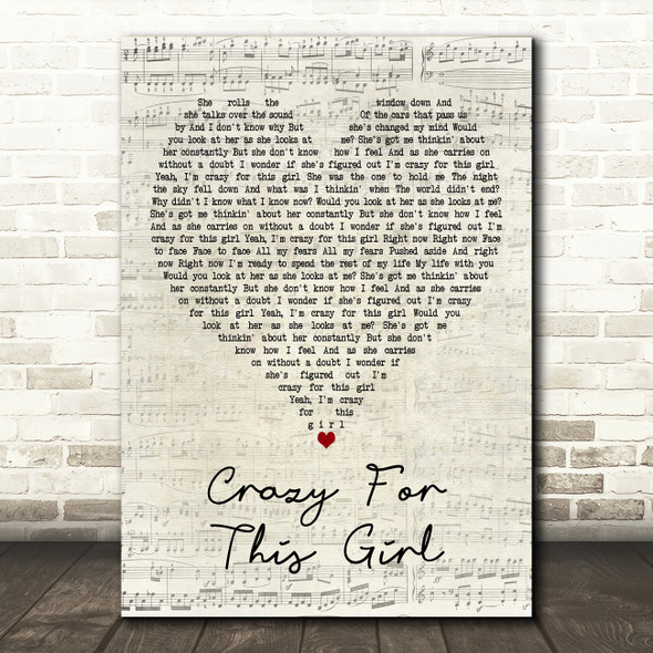 Evan & Jaron Crazy for This Girl Script Heart Decorative Wall Art Gift Song Lyric Print